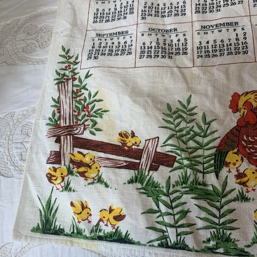 Vintage Tea Towel 1968 Calendar Rooster 16 X 25